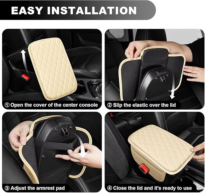 Upgraded Car Center Console Cover Fit for Land Cruiser Faux Leather Car Armrest Cover Cushion with 2 Storage Bags,Car Armrest Storage Box Interior Accessories(Beige&Whiteline)