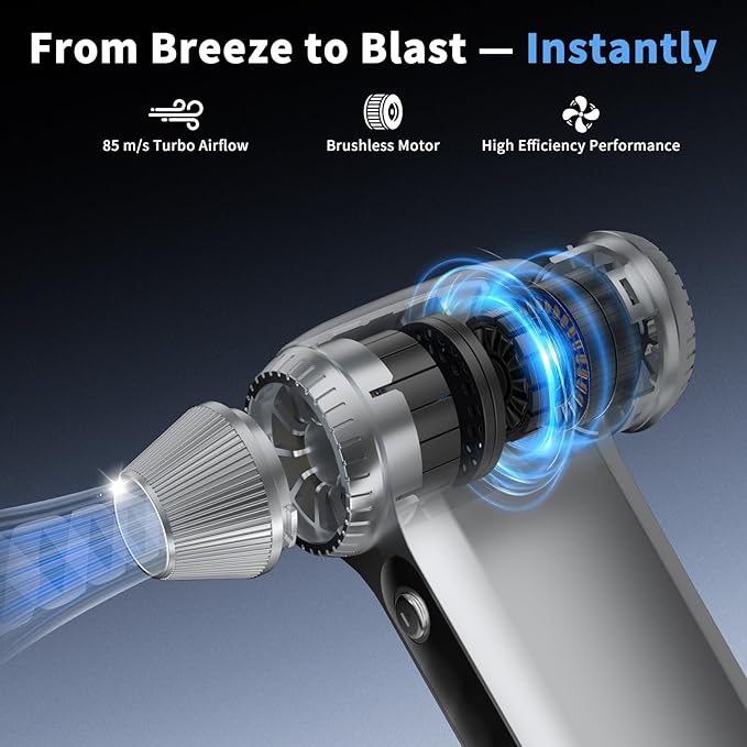 Electric Air Duster 200000RPM Brushless Motor, Cordless Compressed Air Blower with 4 Nozzles & 2 Brushes, 85m/s Powerful Rechargeable Cleaner for PC, Car, Keyboard & Electronics (Silver)