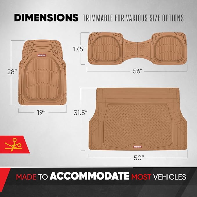 Motor Trend FlexTough 4-Piece Heavy Duty Floor Mats for Cars Trucks SUVs, Automotive Floor Mats Car Mats Full Set Front, Rear & Cargo, Trim-To-Fit Semi-Custom Deep Dish All Weather Rubber Mats - Beige