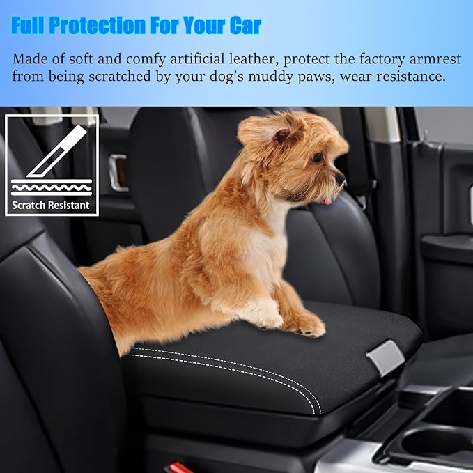 for RAM 1500 2500 3500 4500 5500 2009-2018 Center Console Cover Anti-Scratch Waterproof Leather Armrest Pad Protector Cushion Car Interior Accessories(Black Leather with White Stitches)