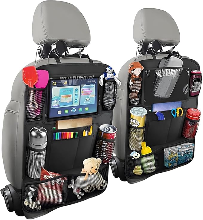 2PCS Car Seat Back Organizer, Waterproof Vehicle Storage Bag with Touch Screen Tablet Holder & 9 Pockets, Auto Kick Mats Back Seat Protector for Kids, Universal Travel Accessories (Black/Small)