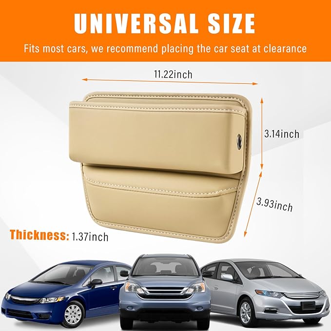 Ziciner Car Seat Gap Organizer, Premium Leather Auto Seat Storage Box, Vehicle Adjustable Front Seat Gap Filler, Car Seat Side Pocket Organizer for Phones, Glasses, Keys, Money, Cards (Beige)