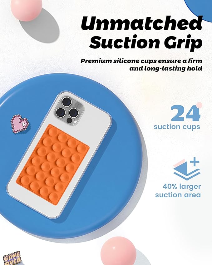 amBand Magnetic Sticky Phone Suction Grip for MagSafe, Removable for Wireless Charging, Durable Magnet Silicone Portable Mount Stand for iPhone 12 13 14 15 16 17, Hands-Free Video/Selfie, Orange