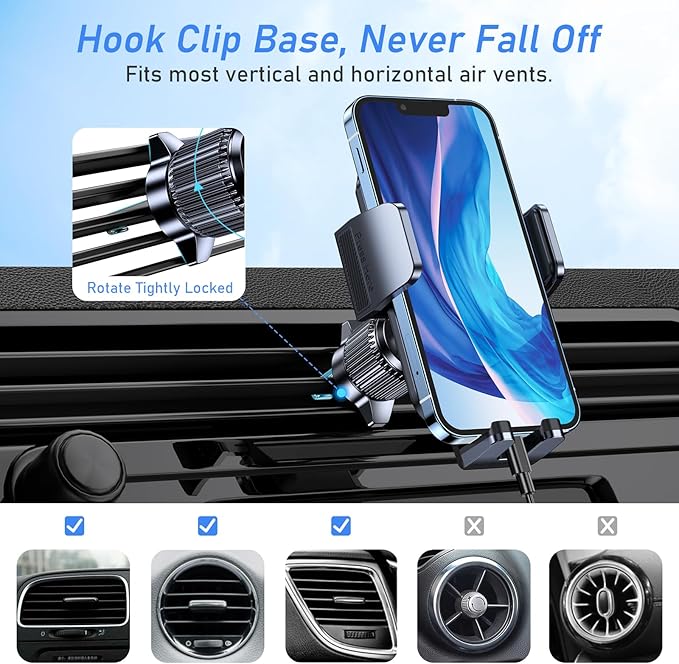 Blukar Car Phone Holder Mount, Super Stable Air Vent Cell Phone Car Mount with 2025 Metal Hook Clip, 360° Rotation,One Button Release for iPhone, Galaxy, Google, and All Other Smartphones