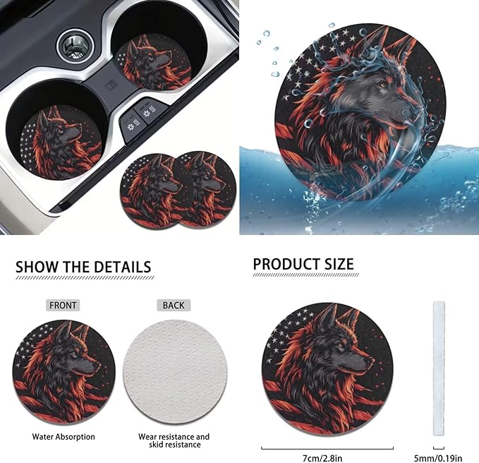 FKELYI Wolf Car Seat Covers Full Set for Men American Flag Non-Slip Seat Protector with Cup Coasters,Gear Shift Cover&Handbrake Cover, Steering Wheel Cover, Headrest Covers