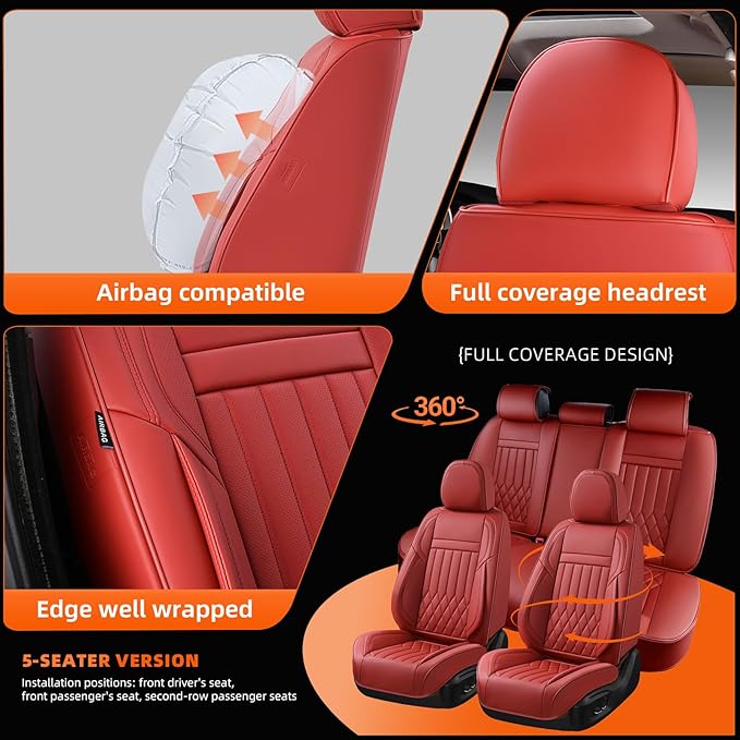 KEYOOG 5-Seater Waterproof and Breathable Nappa Leather Car Seat Covers Full Set, Fit for Front and Rear Seats of Cars, Compatible with Airbags, Car Seat Protector Covers for Most Cars - Wine red