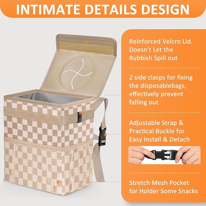Car Trash Can Bin with Lid Hanging for Back Seat, Car Accessories for Women Men Leak Proof Automotive Garbage Cans Leakproof Vehicle Trash Can for Truck SUV,Khaki Checkered