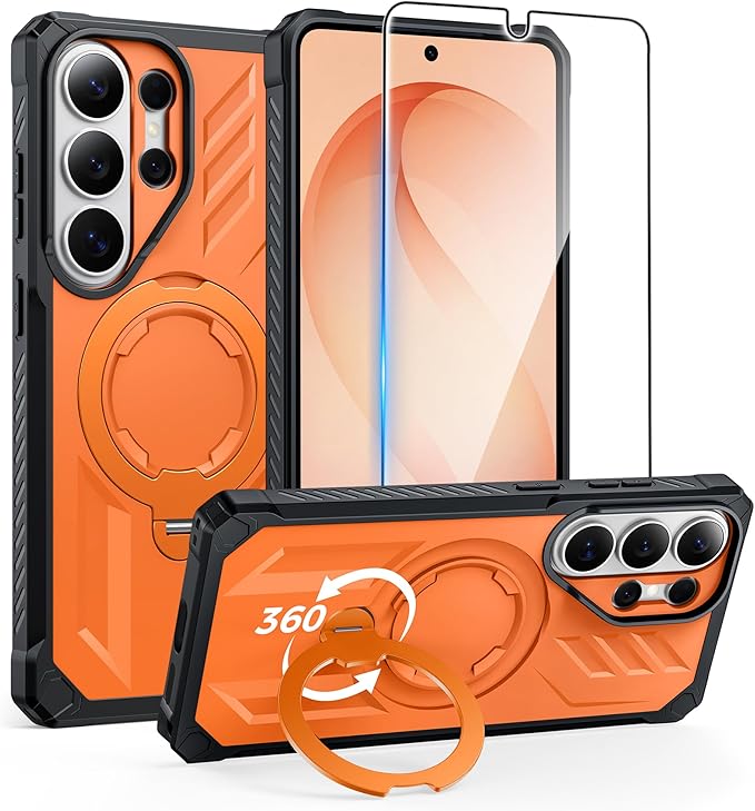 FNTCASE for Samsung Galaxy S26-Ultra Case: [360 Spin Magnetic Ring Kickstand] [Compatible for MagSafe] [Screen Protector] Heavy Duty Military Grade Protection Protective Phone Case with Stand Orange