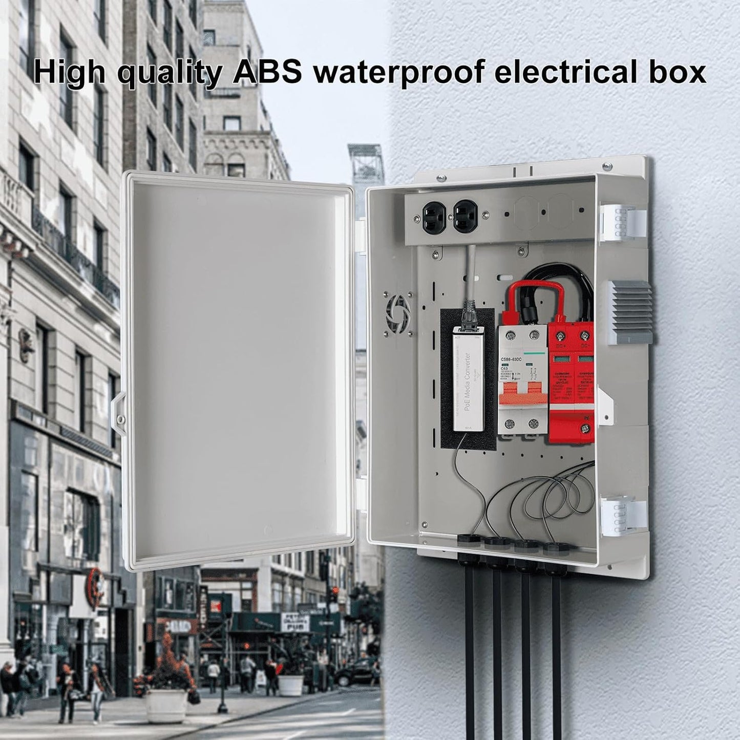 Outdoor Electrical Junction Box with High Power Outlet, ABS Water Resistant Enclosure with Internal Mounting Panel & Hinged Cover (16" H* 12" L* 4" W)