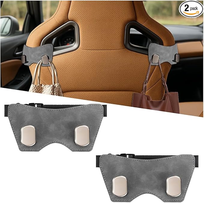 Car Headrest Hook, 2PCS Suede Vehicle Back Seat Storage Hanger with Double Metal Hook, Automotive Seatback Organizer for Purse Handbag Coat, Compatible with Most Sport Seat (Grey)