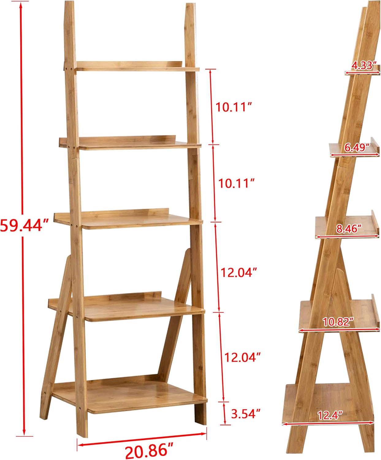 Maydear Bamboo Ladder Shelf Bookcase, 5-Tier Leaning Bookshelf Free Standing Organizer Storage Shelves for Living Room, Bedroom, Kitchen, Home Office, Balcony, Natural Wood