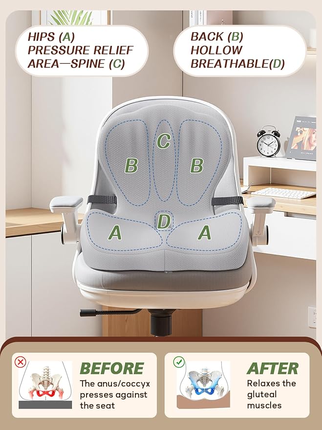 Benazcap Memory Foam Seat Cushion with Lumbar Support Pillow for Office Chair, Car & Gaming Seat, Wheelchair, Ergonomic Design for Sciatica & Tailbone Pressure Relief, Gray