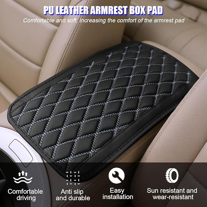 Car Center Console Cover, Scratch-Resistant Leather Vehicle Armrest Seat Storage Box Protector Cushion, Comfortable Automotive Interior Armrest Pad Mat, Universal Fit (Black/Grey)