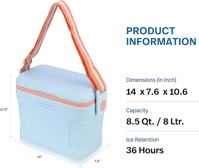 Pinnacle 8.5Qt Mini Cooler – 14 x 7.6 x 10.6In Ice Box with Smart Divider, Locking Lid, Adjustable Shoulder Strap – Insulated Picnic Basket Beach Cooler Bag – 36- Hour Ice Retention – Stylish Colors