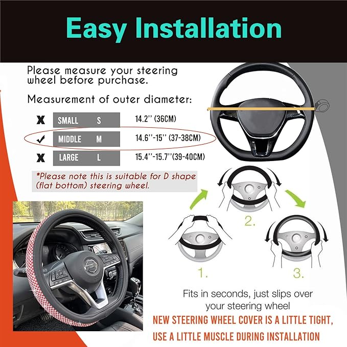 PINCTROT D Shaped Bling Comfy Steering Wheel Cover with Jumbo Crystal Rhinestones, Anti-Slip Diamond Leather, Flat Bottom 14.5-15 Inch (Red)