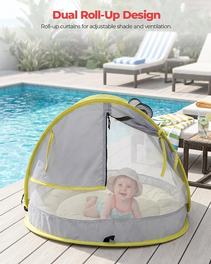 Poray Portable Baby Beach Tent with UPF 50+ Sun Shelter,Mosquito Net and Sunshade, Ideal Pop Up Kids Travel Tent with Carry Bag & 2 Stakes,Outdoor Indoor Play and Sun Protection
