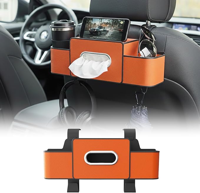 Multifunctional 3‑in‑1 Car Seat Back Storage Box Organizer with Cup Holders, Tissue Box Slot & Headrest Hooks – Backseat Car Organizer for Phones, Snacks, Drinks, Bags, Travel Storage (Orange)