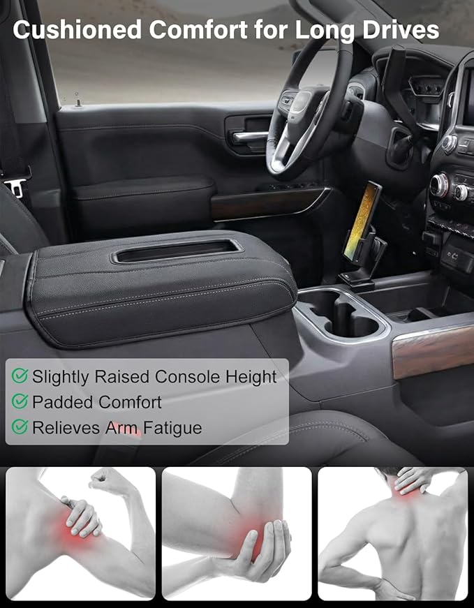 Center Console Armrest Cover for Chevy Chevrolet Silverado 1500/GMC Sierra 2019-2026, Yukon/Tahoe/Suburban 2021-2026, PU Leather Middle Console Lid Protector Cushion Thick Pad Black-Gray(Bucket Seat)