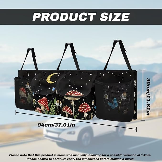 Mushroom Car Trunk Organizer Back Seat Hanging Black, Washable Trunk Oxford Cloth Bag with 4 Pockets, Space Saving Expert, Easy to Clean & Install In All Vehicles