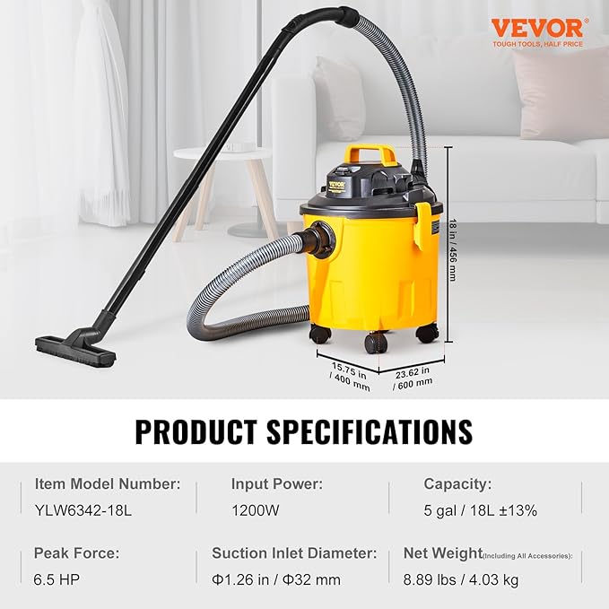 VEVOR 5 Gallon 6.0 Peak HP Wet and Dry Shop Vac， Portable Shop Vacuum and Blower 3-in-1 with Filter, Hose and Attachments for Home and Car Cleaning Black/Yellow