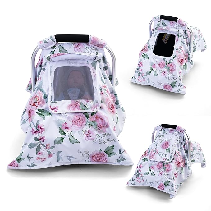 Baby Car Seat Cover, Infant Car Seat Cover with 2 Layer Windows, Breathable Baby Carrier Sun Shade Cover, Windproof Car Seat Canopy Weather Shield for Newborn