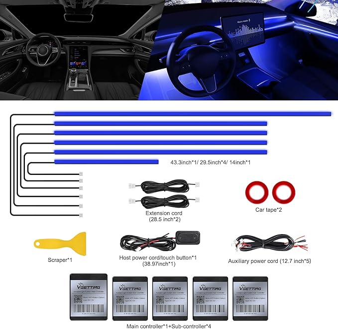 RGB Acrylic Interior Car LED Strip Light with Wireless APP, Car Accessories 6 in 1 with 175 inches 593 LEDs Fiber Optic Ambient Lighting Kits, Dynamic Music Sync Neon LED Strip Light for Car