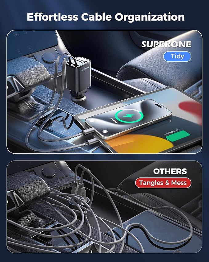 Retractable Car Charger, SUPERONE 99W Car Phone Charger with Cables Fast Charging, USB C Car Charger Adapter for iPhone 17 16 15 14 13 12, Samsung, Black (Pack of 2)