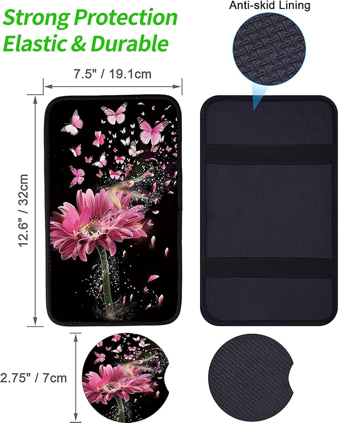Car Armrest Cover Pads Universal Fashion Cute Auto Center Console Armrest Cover Pad with 2PCS Car Coasters Soft Waterproof Car Armrest Seat Protector for Women, Pink Gerbera Daisy Butterflies