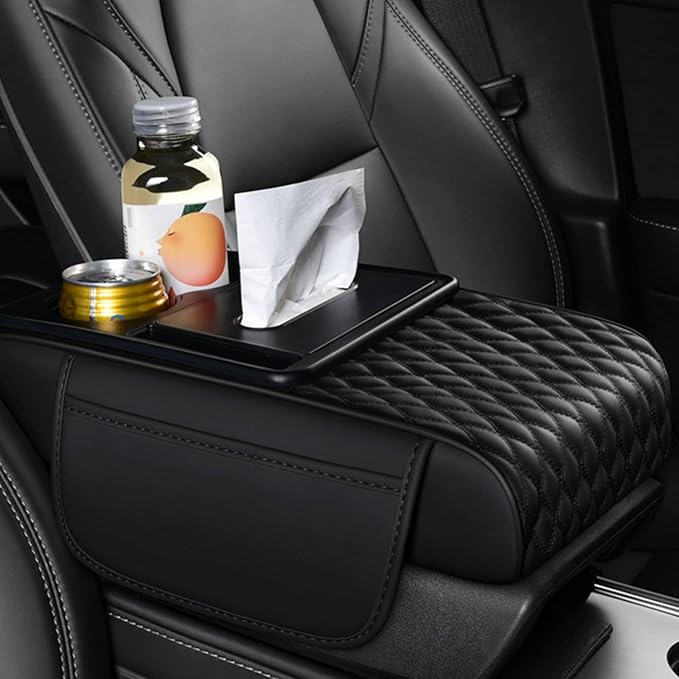 5-in-1 Car Armrest Pad Cushion, Water Ripple Embossed Center Console Booster Pad with Tissue Box, Cup Holder, Storage Bag, Phone Slot, Fit for Most Sedan Vehicles (Water Ripple Series, Black)