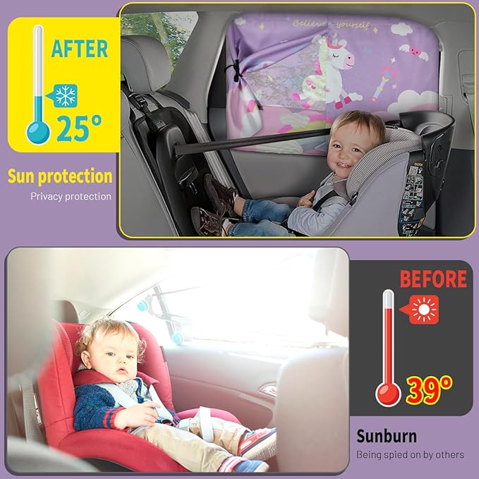 Car Window Shades, 2 PCS Magnetic Double Layer Car Sun Shade for Side Windows Privacy Full Covers/Half Shade Options Unicorn Patterns Car Window Curtains for Baby Protection