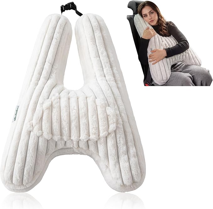 HIGOGOGO Washable Travel Pillow, Car Pillow for Kids & Adults, Upgraded Travel Pillows with Removable Soft Cover and High-Support Foam, Fix Neck and Body Sitting/Sleeping on The Trip, Beige