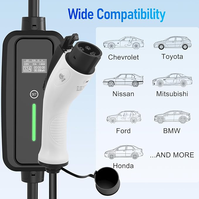 Level 2 EV Charger,32Amp 95-270V,Electric Car Charger Portable EV 25FT Cable with NEMA 14-50 Plug, Adjustable Current,Home EV Charging Station,for J1772 EVs ONLY