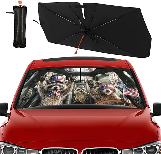 Socira Funny Rocking Raccoon Car Windshield Sun Shade Umbrella Foldable Rock Racoons Sunshade for Front Window Auto Windshield Sunshade Covers Car Accessories Gifts for Men Protect from Sun Rays Heat