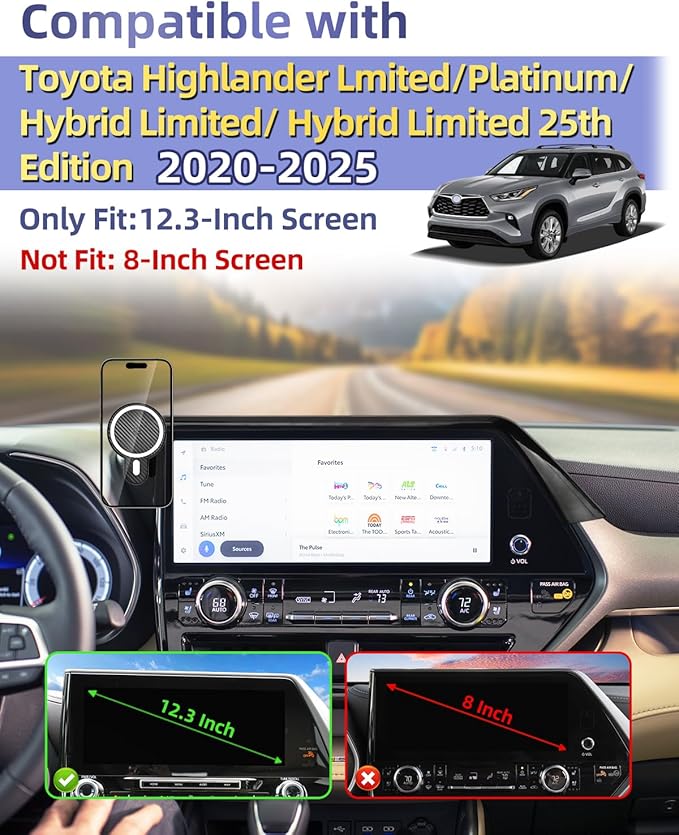 PZK Car Phone Holder for Toyota Highlander Hybrid Lmited/Platinum 2020-2024 2025 Accessories Only for 12.3-inch Screen Magnetic 15W Fast Wireless Charger Car Phone Mount (Not Fit 8-Inch L/LE/XLE)