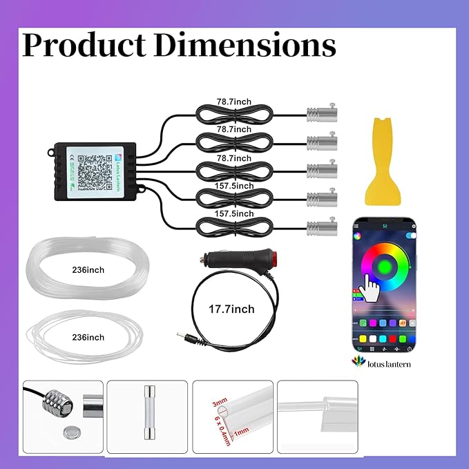 DIBMS APP Controlled 5-in-1 RGB 16 Million Color Options Interior Car LED Strip Lights, 236 inches Fiber Optic Ambient Lighting Kit with Music Mode, Universal Fit for Cars, Trucks, SUV Dashboard