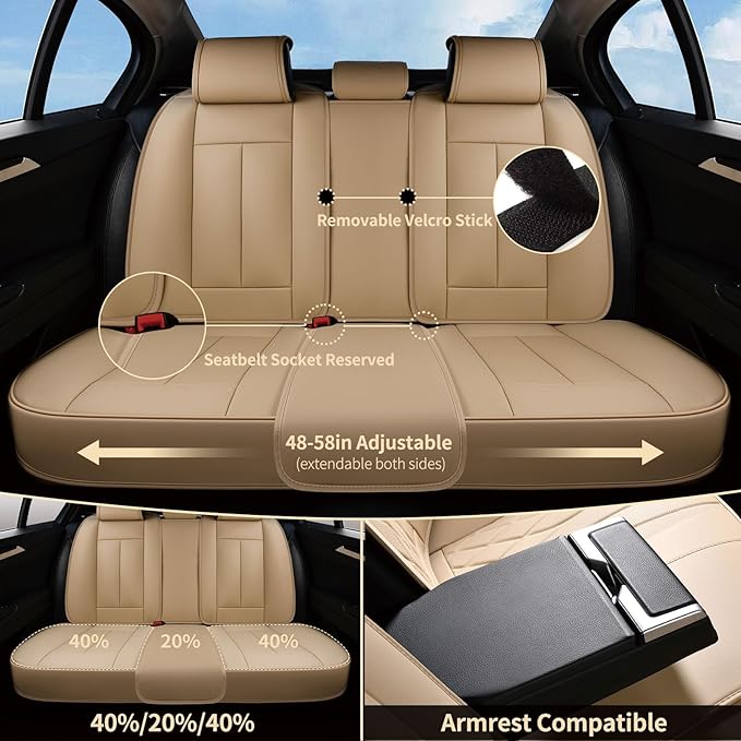 FLORICH Automotive Seat Covers, Beige Car Seat Cover Full Set, Luxury Faux Nappa Leather Automotive Seat Protectors, Car Seat Cushions Universal Fit for Most Sedans SUVs Trucks - Beige