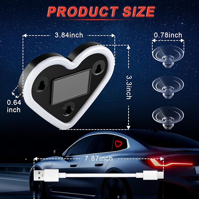 iFunyLED Car LED Interior Lights, Heart-Shaped Ambient Light for Windows, 5 Lighting Modes, Charging Through Type-c and Solar Energy, Car Decorations for Women Men, Pack of 1, (Red)
