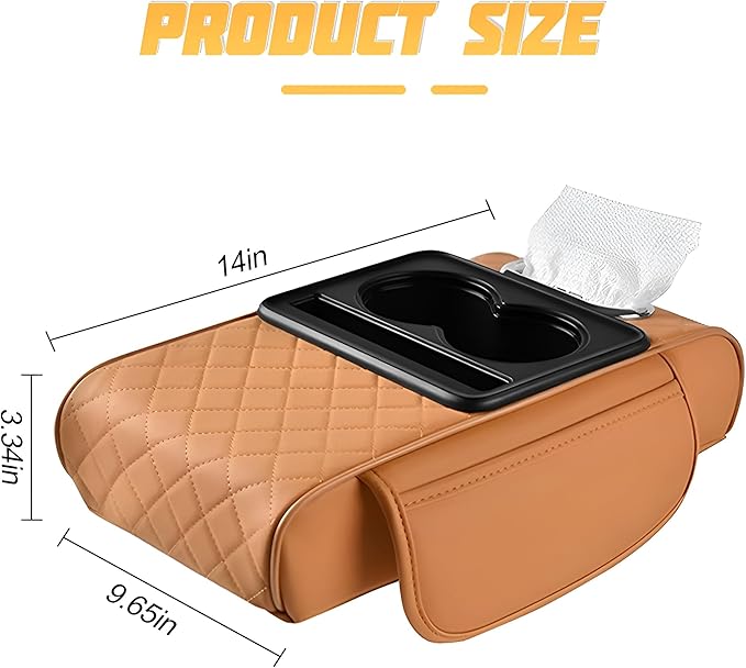 Zpana Car Center Console Armrest Pillow, Memory Foam Leather 4 in 1 Vehicle Arm Rest Cover with Tissue Box 2 Side Storage Bag Cup & Phone Holder, Auto Armrest Cushion, Universal Fit (Orange)