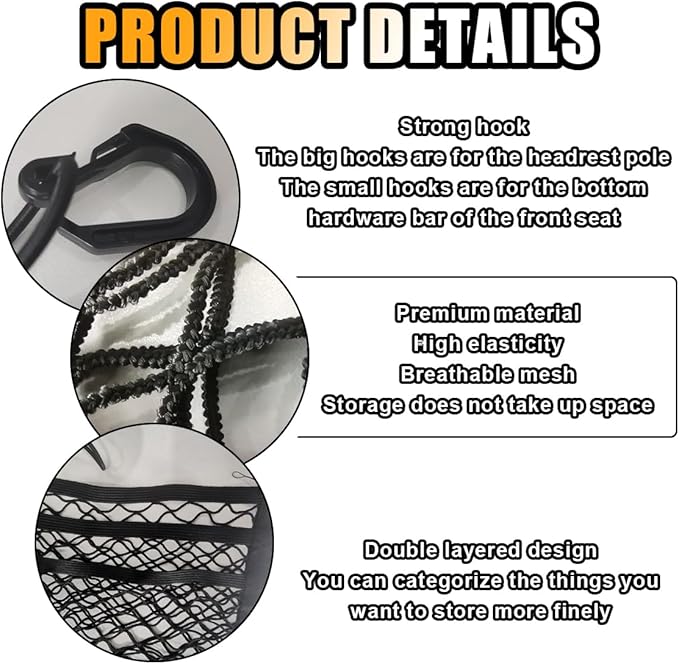 Universal Car 3-Layer Mesh Organizer Bag, Auto Seat Back Pocket Stretch Net Storage, SUV