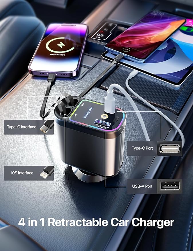 Retractable Car Charger with Starlight, 66W Starlight in Car roof 4 in 1 Retractable Car Phone Charger Adapter, Fast Charging USB C Cable, Compatible with iPhone 17/16/15/14/13/12