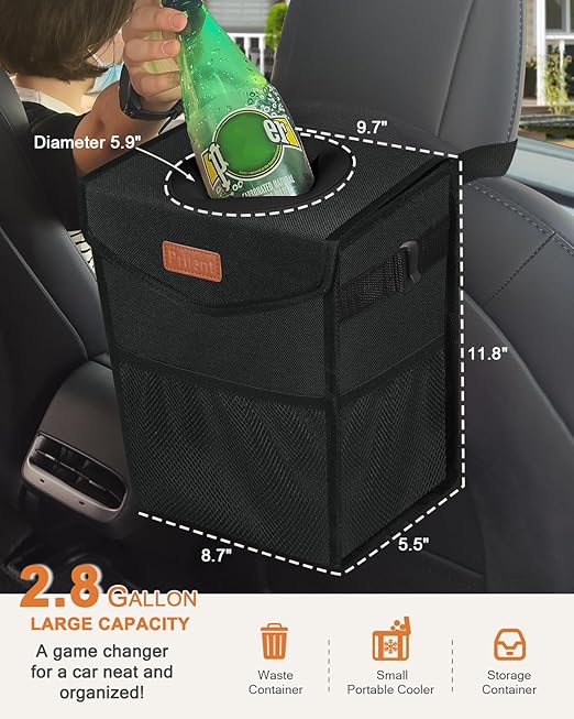 Pritent Car Trash Can with Lid, Cute Leakproof Car Trash Garbage Bag Hanging Vehicle Trash Bin Small Portable Automotive Garbage Cans Organizer for Back/Front Seat/Console(2.8 Gallons,Black)