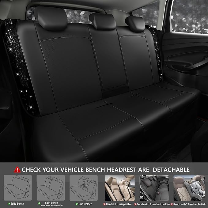 CAR PASS Universal Black Leather Lace Car Seat Covers Full Set for Women Girls,Waterproof Car Floor Mats Carpet,Glitter Steering Wheel Cover for Cars Accessories Interior Sets (Black)