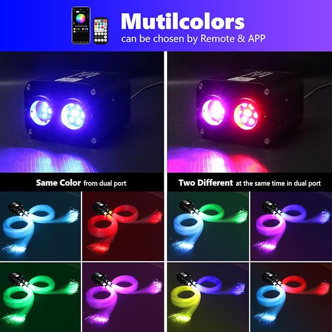 AMKI Dual Color 20W Twinkle Starlight Headliner Kit 900pcs 0.03in 9.8ft Fiber Optic Star Ceiling Light Sound Activated Music Mode APP/Remote Control Dual Port Light Box for Car Home Roof Decor