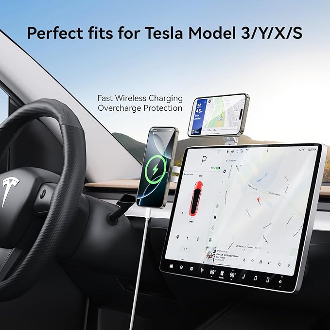 Laptop Phone Holder, Magnetic Phone Stand 15W Fast Wireless Charger for MagSafe for iPhone 17/16/15/14/13/12 & All Phones for Tesla (Silver)