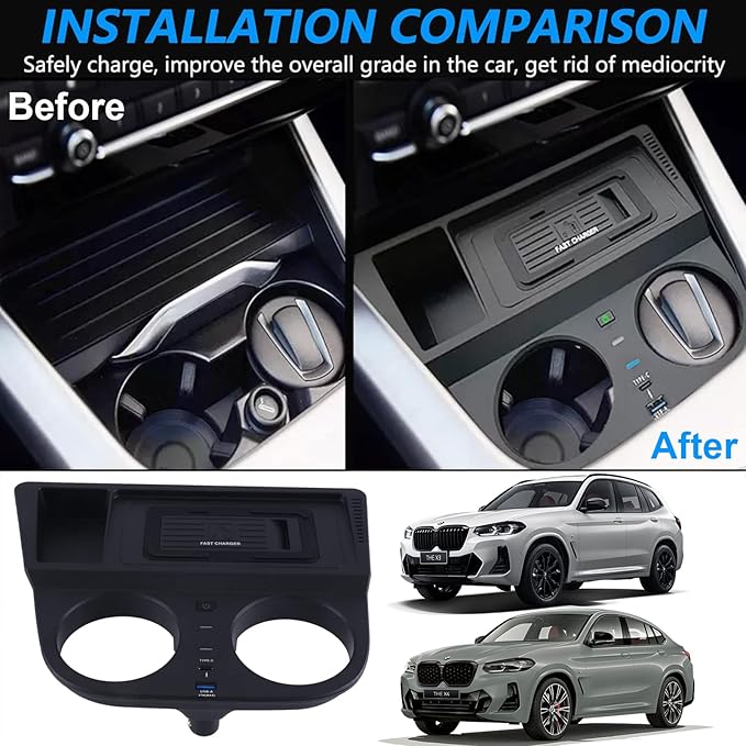 Wireless Car Charger Compatible with BMW X3/X4 F25/F26 2014-2017, Center Console Accessory Panel, 15W Qi Fast Charging with USB QC3.0 Ports