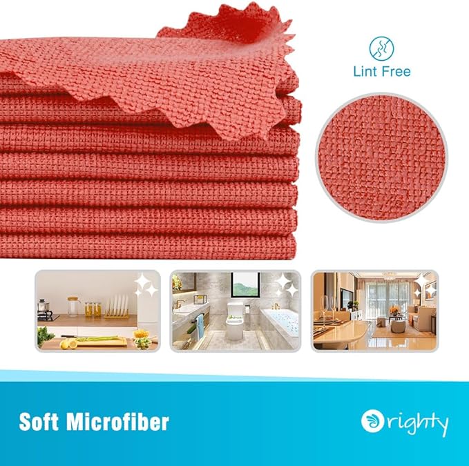 Orighty Microfiber Cleaning Cloth, 5 Pack Highly Absorbent Cleaning Rags, Household Cleaning Supplies, Reusable Lint Free Cloths Microfiber Rag for House, Kitchen, Car Care, 12x11 inch, Red