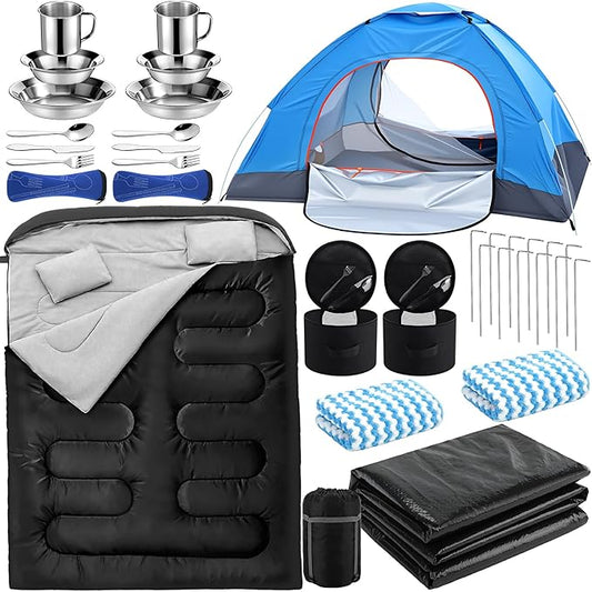 18 Pcs Camping Tent Set for 2-3 Person Include Tent Sleeping Bag Waterproof Camping Tarp Stainless Steel Mess Kit with Mug Bowls Utensils Carry Sack Complete Outdoor Travel Set