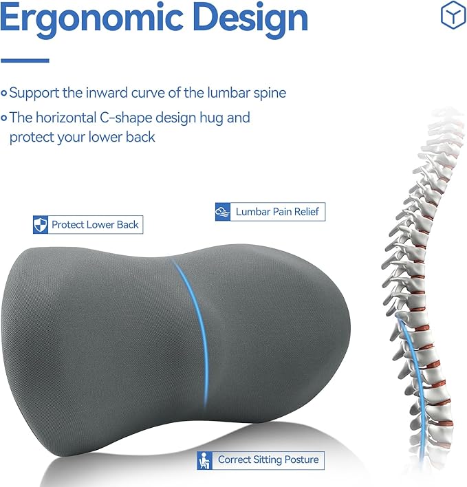 Lumbar Support Pillow for Car with Dual-Grip™ Stability System - Advanced Adaptive Memory Foam Back Pillow for Lower Back Pain Relief, Ergonomic Driving Seat & Office Chair Cushion, Gray