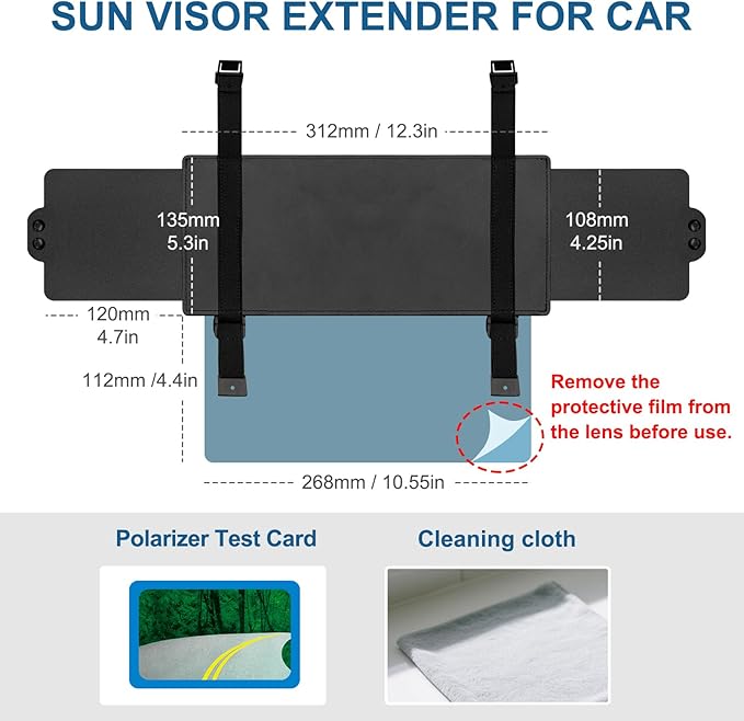 Veharvim Sun Visor Extender for Car (Polarized, UV400, Zipper Slider, 2 Side Sunshade, PC Lens) Visor Extender Attachment for Car Visor, Anti-Glare for Safe Driving