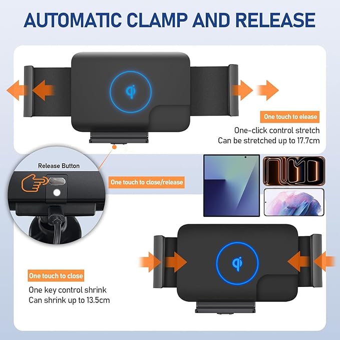 15W Qi Wireless Car Charger Mount Holder Compatible for Samsung Galaxy Z Fold7 Fold6 Fold5 Fold4 Fold3 Fold2 Fold 4.3in-6.9in Phone Auto Clamp Fast Charger